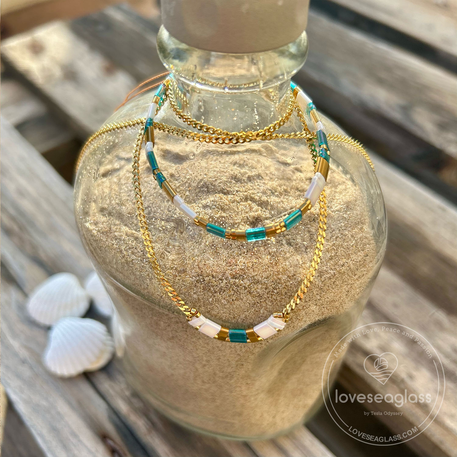 Ocean Wave Miyuki Tila Necklace and Bracelet Set Love Sea Glass
